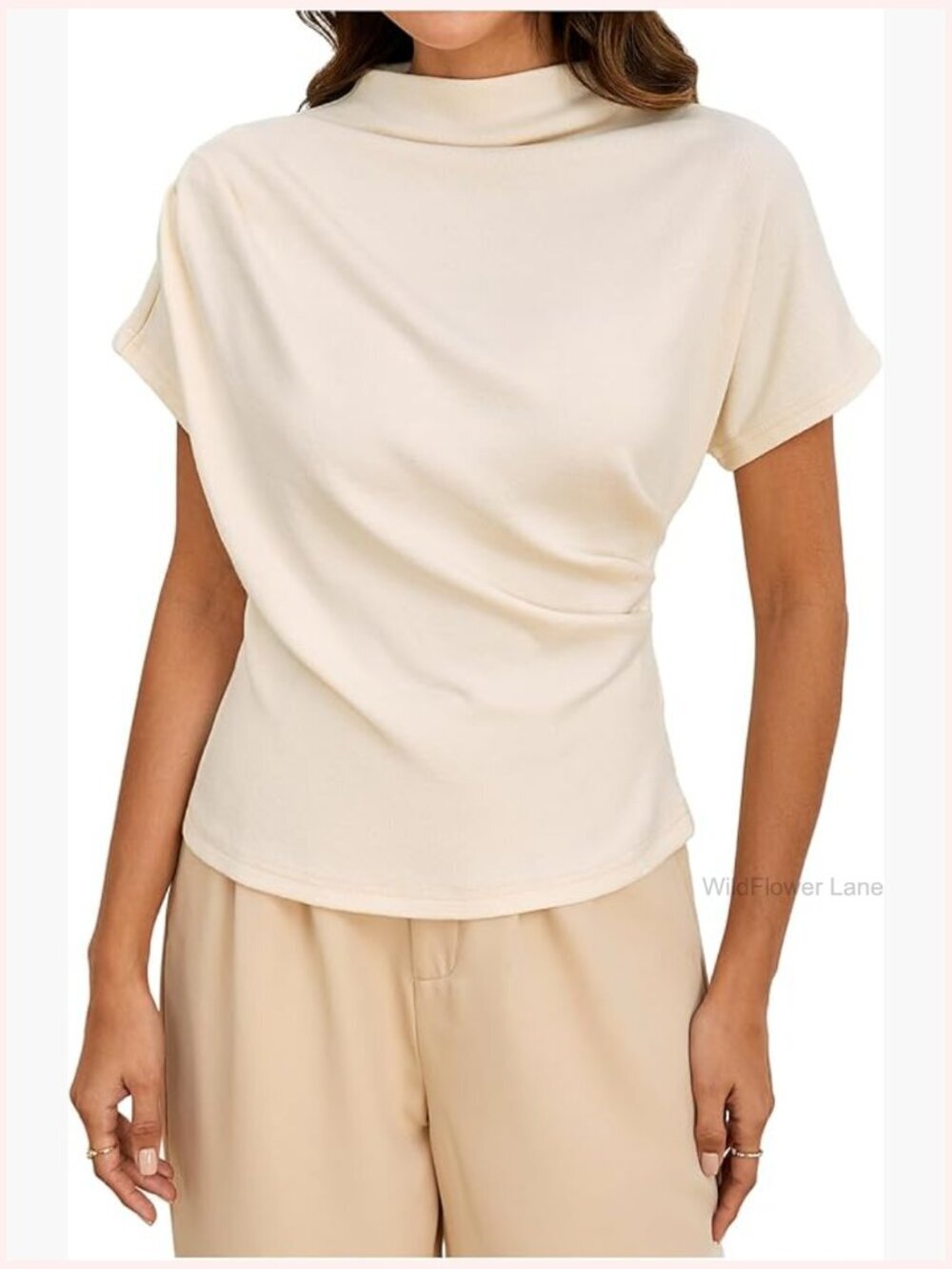 Womens Short Sleeve Mock Neck Asymmetric Ruched Tee T Shirt